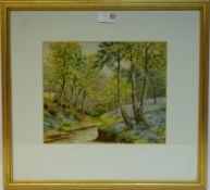 Wooded Stream with Spring Flowers, needle point,