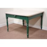 Victorian green painted pine table fitted with single drawer,