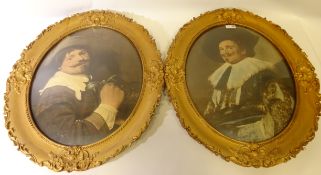 'The Laughing Cavalier' and 'Man with a Jug' colour prints in gilt frames( 48cm x 37cm) and a gilt