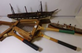 Three Vintage rackets and two model ships Condition Report <a href='//www.