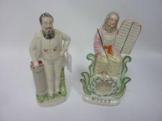 A Victorian Staffordshire figural pocket watch holder titled 'Moses' and another figure titled
