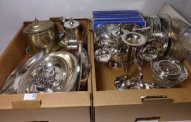 Collection of silver-plate including two large tea pots, lidded biscuit jar, dishes, epergne,