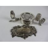 Two silver owl sculptures, box with owl embossed lid,