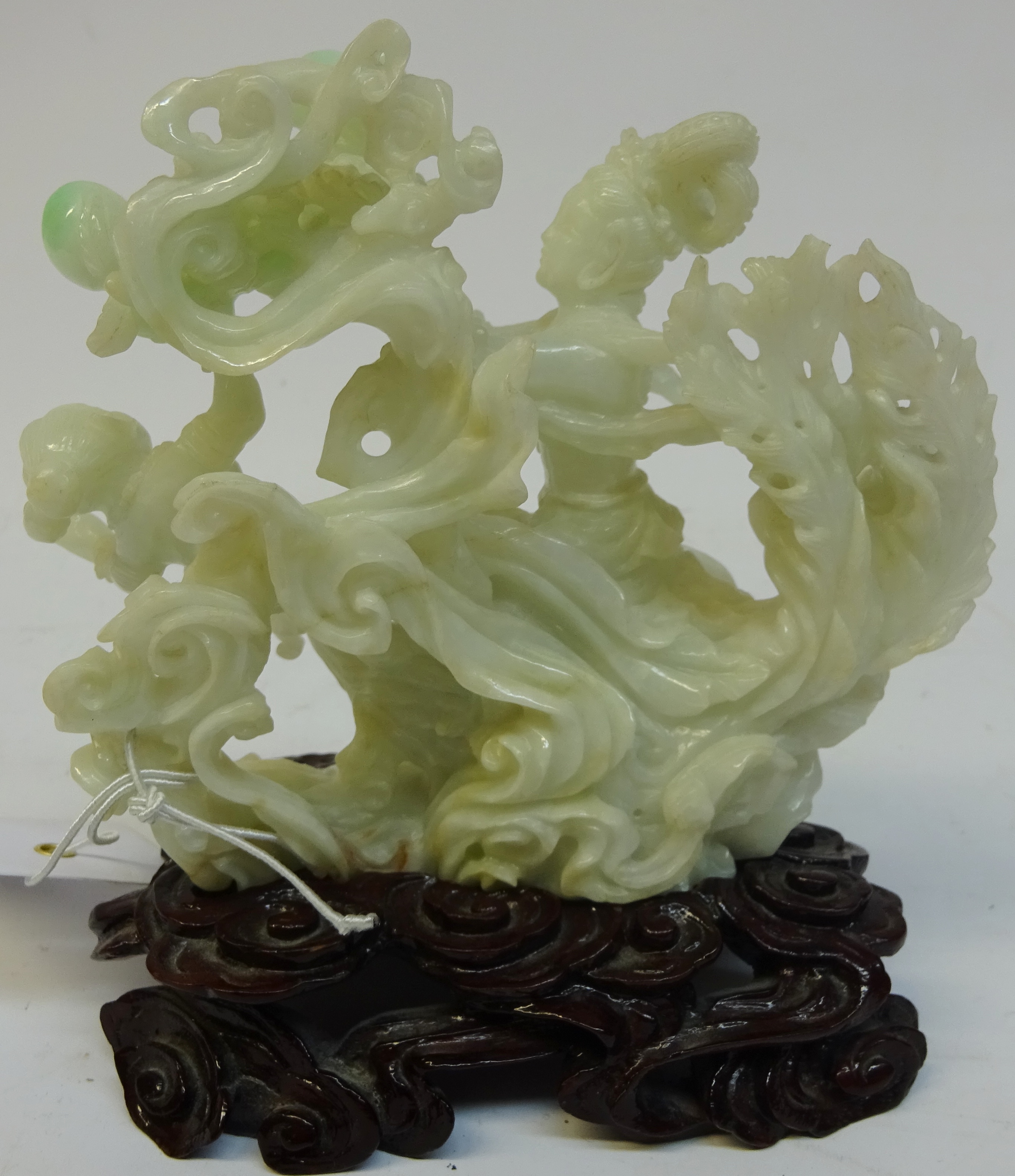 Chinese Jade carving of a lady and child with lotus flowers riding a phoenix and a coral carving of - Image 6 of 6