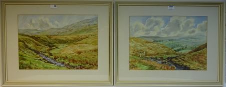 'Moors at Oxnop on the way to Wensleydale', pair watercolours signed Ivy E Smith,