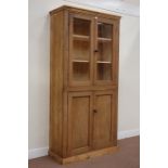 Waxed pine display cabinet enclosed by two glazed doors above panelled double cupboard, W101cm,