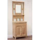 Harwood bevelled mirror back stand/hall cabinet fitted with drawer and double cupboard below,