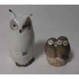 Royal Copenhagen long eared owl No.155, H15cm and a pair of owls No.