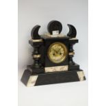 Victorian slate eight day clock, circular finial over gilt metal circular face, Arabic numerals,