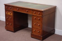 Victorian oak twin pedestal desk with nine drawers and inset leather writing surface, W117cm, H71cm,