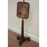 Victorian mahogany needle work pole screen raised on trefoil platform base with turned feet,