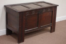 Late 18th century panelled oak blanket box with carved frieze, W110cm, H66cm,