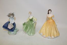 Two Royal Doulton lady figures and a Lladro figure