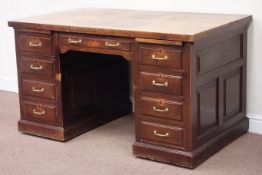 Early 20th century twin pedestal desk fitted with eight drawers, W138cm, H78cm,