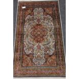Persian Tabriz finely knotted silk rug, tree of life design, bird motifs,