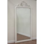 Large white finish wood framed bevelled mirror, rounded top with carved shell pediment,