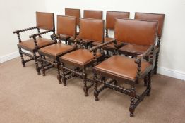 Set eight (6+2) Victorian oak barley twist dining chairs, carved detail to seat rails,