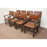Set eight (6+2) Victorian oak barley twist dining chairs, carved detail to seat rails,