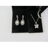 Pair of abalone and marcasite ear-rings and a butterfly pendant necklace both stamped 925