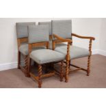 Set four early 20th century oak barley twist chairs with upholstered seat and backs