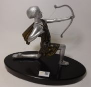 Art Deco spelter figure of 'Diana the huntress' on black marble base,