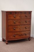 Victorian mahogany and figured mahogany bow front chest fitted with two short and three long