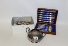 Silver-plated ware including cutlery, twin handled vase and a set of fish knives and forks,