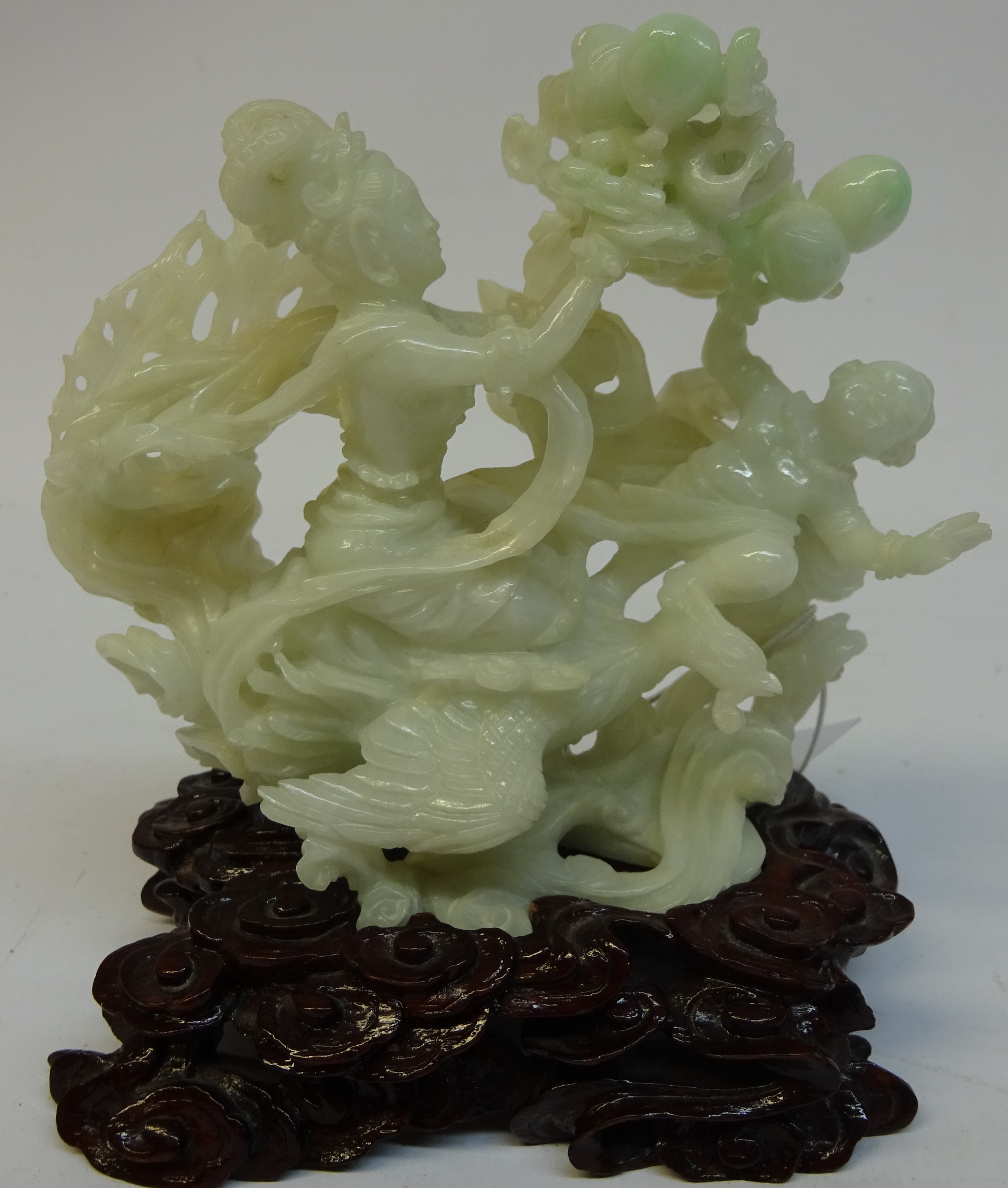 Chinese Jade carving of a lady and child with lotus flowers riding a phoenix and a coral carving of - Image 5 of 6