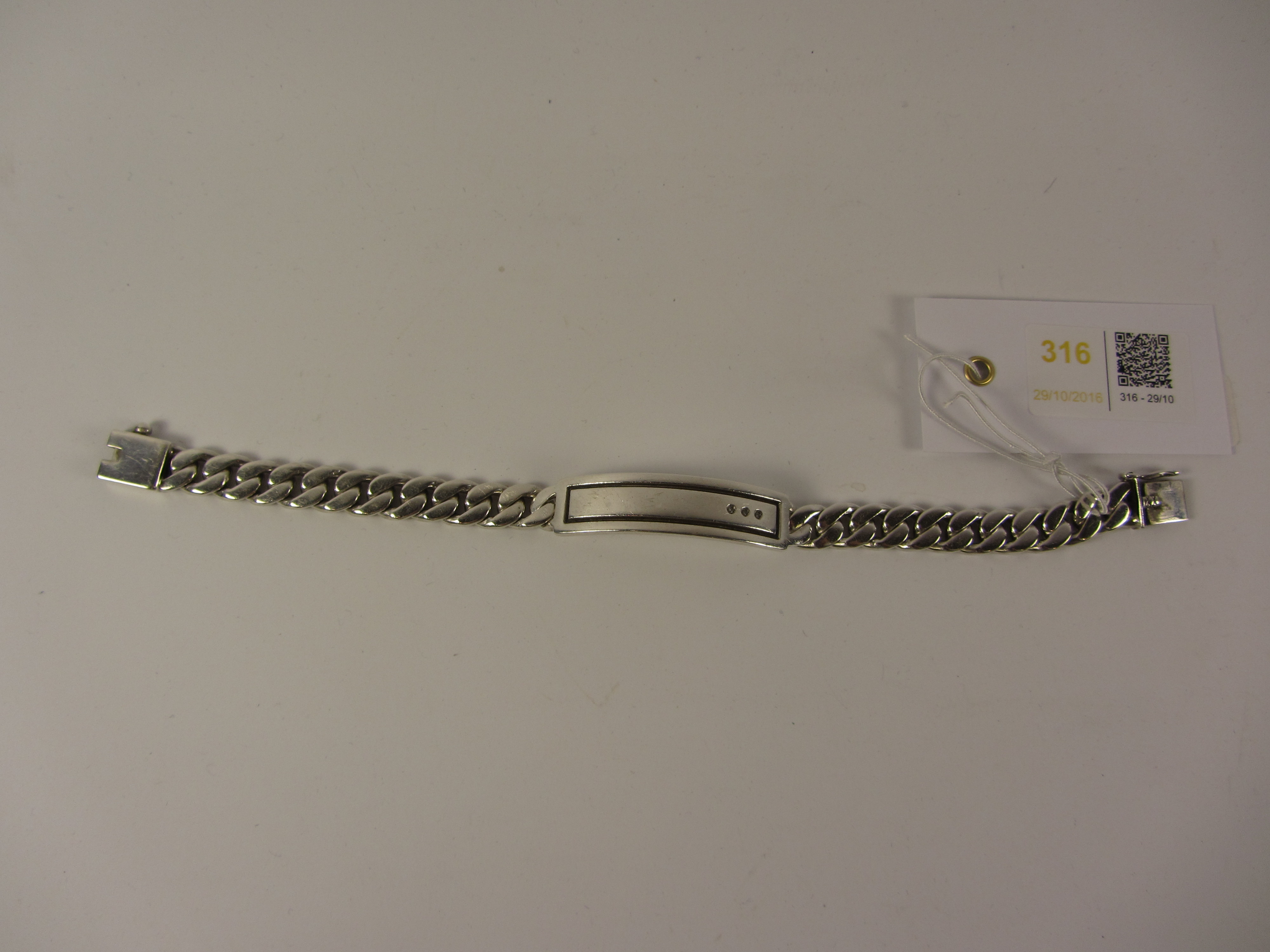 Silver flattened curb bracelet with three inset diamonds hallmarked approx 2oz Condition