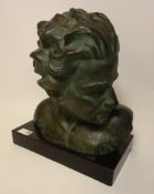 20th Century Art Deco style bronze bust of French aviator John Mermoz on black marble base,