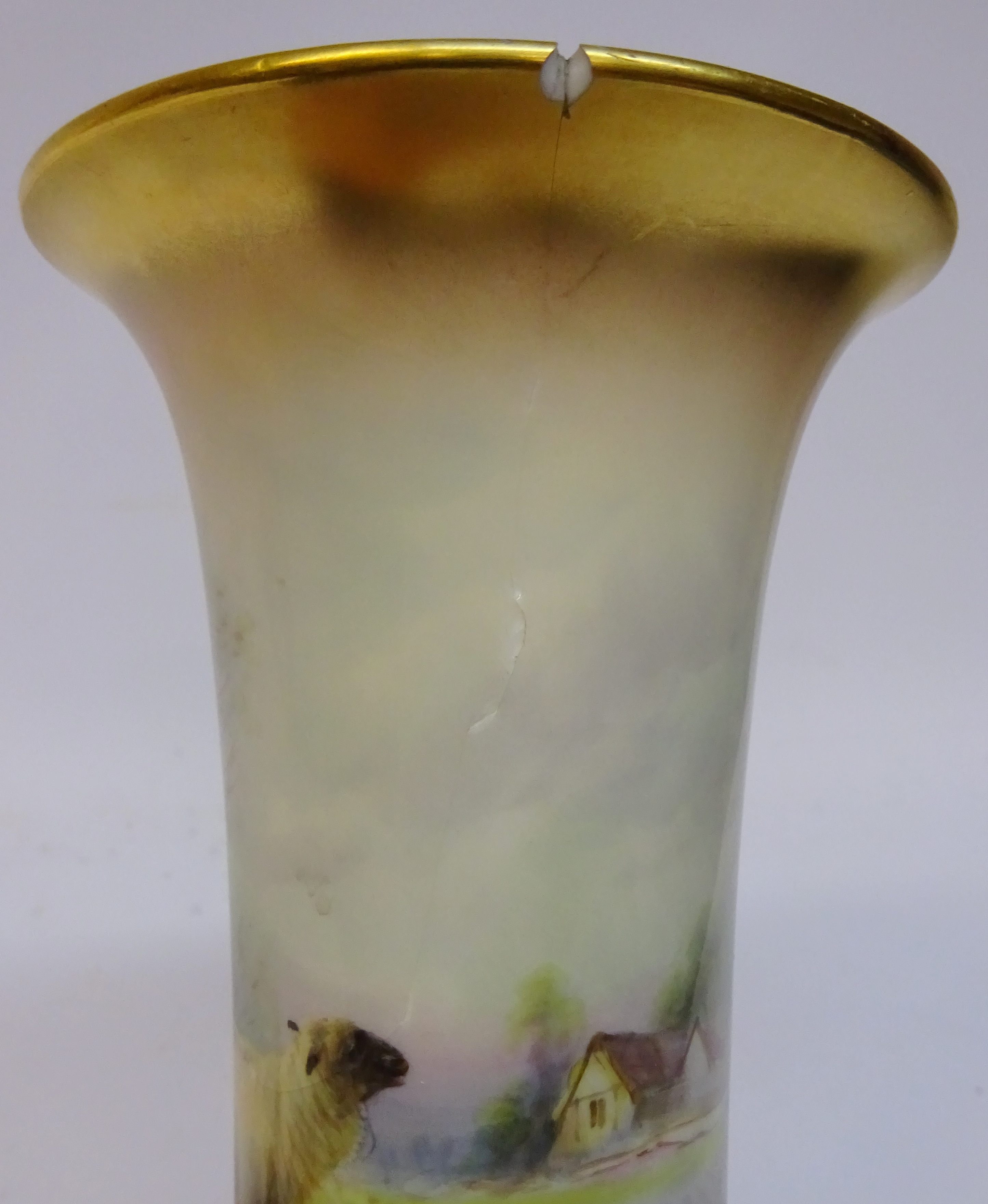 Royal Worcester flared vase painted with sheep grazing in a landscape. By H Davis. H. 19. - Image 2 of 4