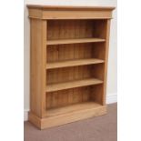 Polished pine open bookcase fitted with three adjustable shelves, W89cm, H120cm,