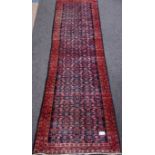 Persian Hamadan blue ground runner rug, repeating design,