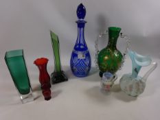 Cut glass decanter with blue overlay,