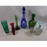 Cut glass decanter with blue overlay,