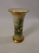 Royal Worcester flared vase painted with sheep grazing in a landscape. By H Davis. H. 19.