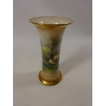 Royal Worcester flared vase painted with sheep grazing in a landscape. By H Davis. H. 19.