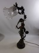 Wrought metal figural table lamp titled 'Naiade, Par Kossowski' with glass shade,