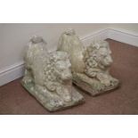 Pair composite stone garden recumbent lion figures Condition Report <a