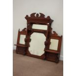 Edwardian walnut overmantle/mirror back fitted with bevelled glass, W143cm, H131cm,