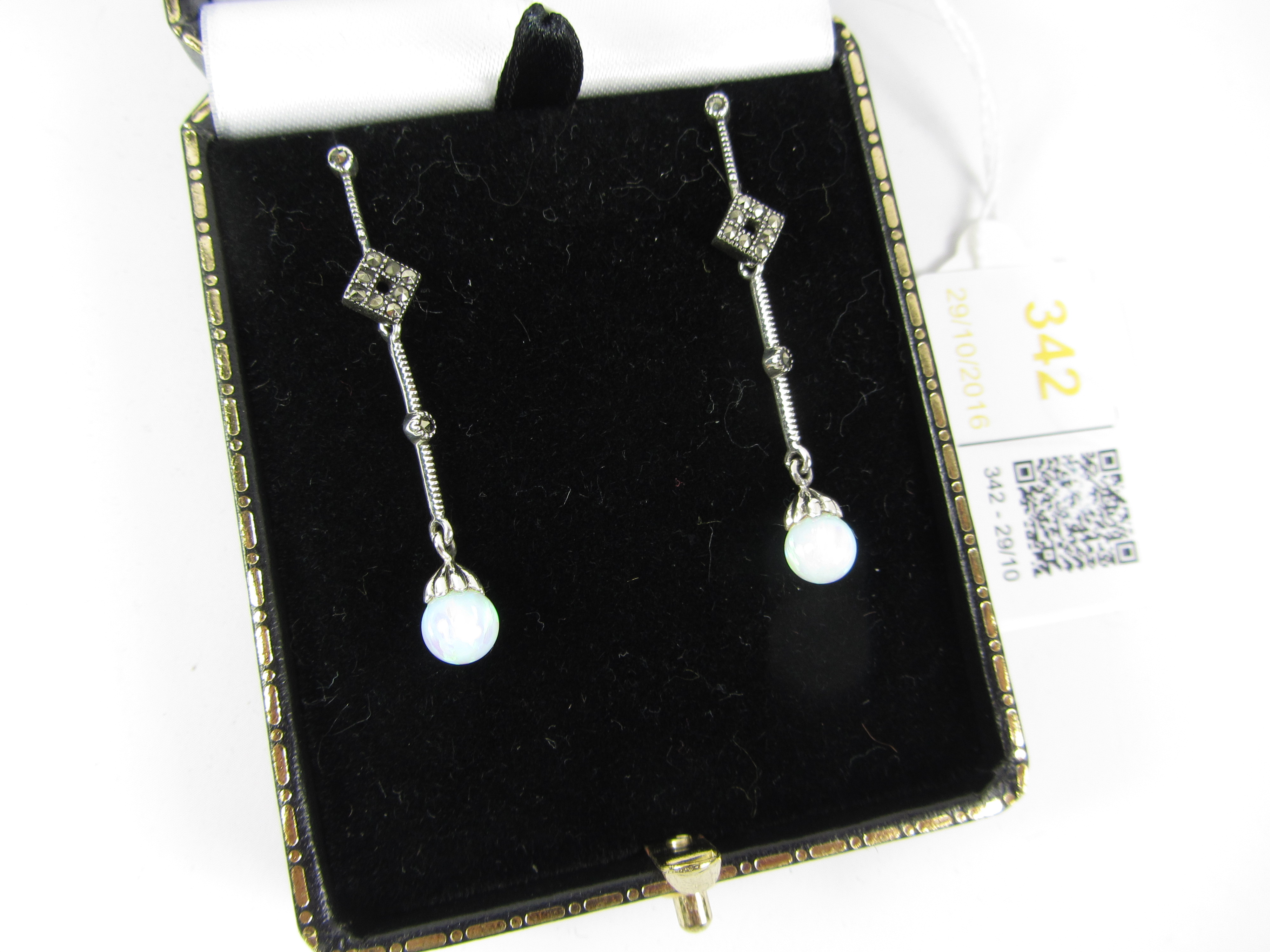 Pair of opal and marcasite long pendant ear-rings stamped 925 Condition Report