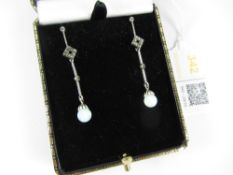 Pair of opal and marcasite long pendant ear-rings stamped 925 Condition Report
