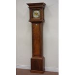 Georgian style oak longcase clock, the projected moulded cornice over brass face applied spandrels,