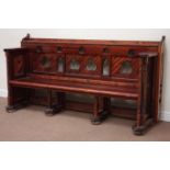 Large Victorian style pine pew/bench with fretwork panels and turned supports,