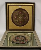 Eastern gold thread and woolwork picture and a circular floral woolwork picture