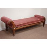 Mid 19th century oak upholstered scroll chaise longue, raised on octagonal tapering feet,