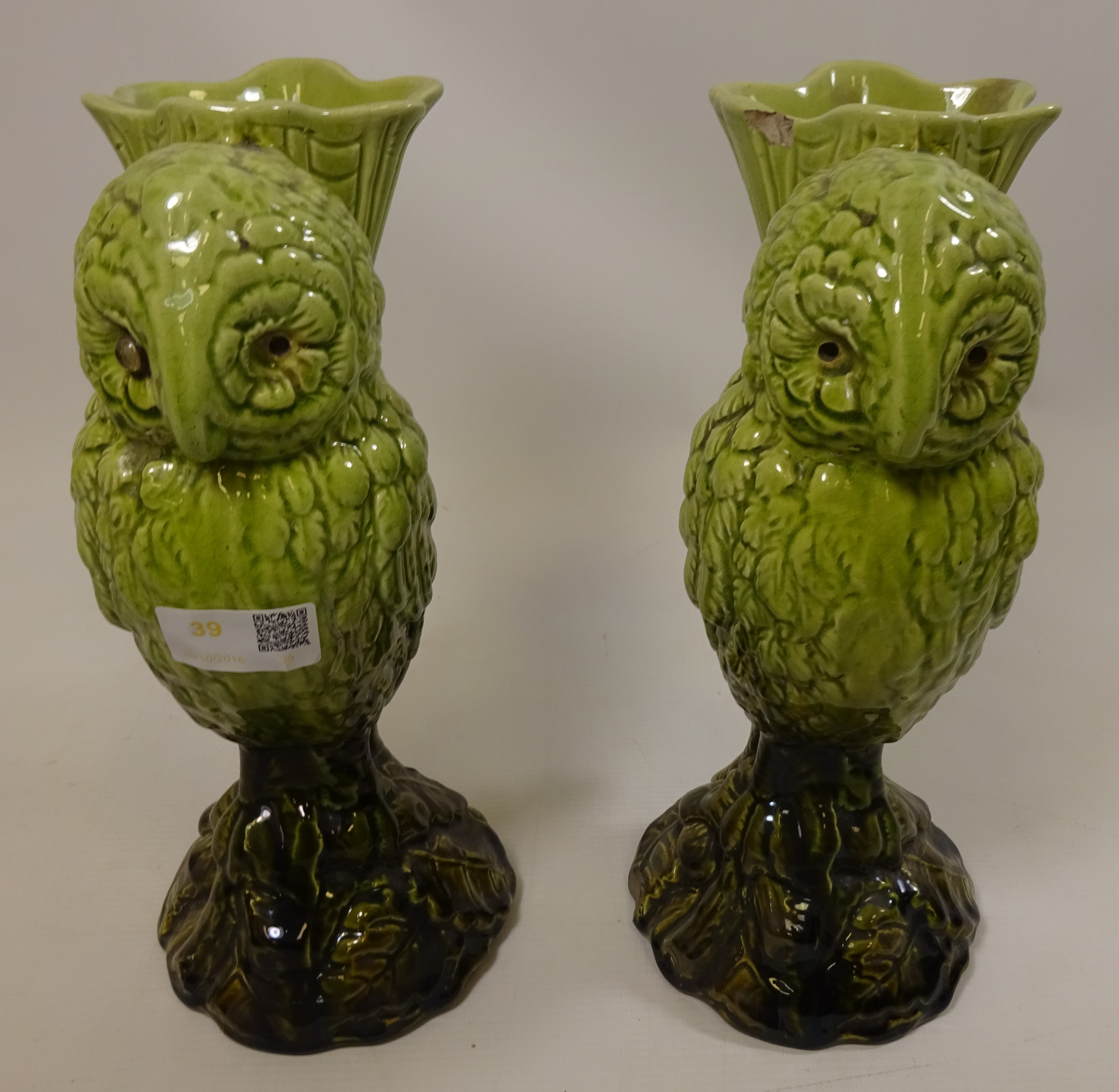 Pair of Burmantofts majolica owls No.