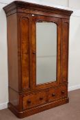 Victorian walnut and figured walnut wardrobe enclosed by single mirror glazed door,