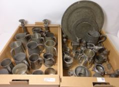 19th century pewter items, stirrup cup, plates, measuring quart,