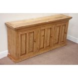 Pine sideboard enclosed by three panelled doors, W154cm, H72cm,